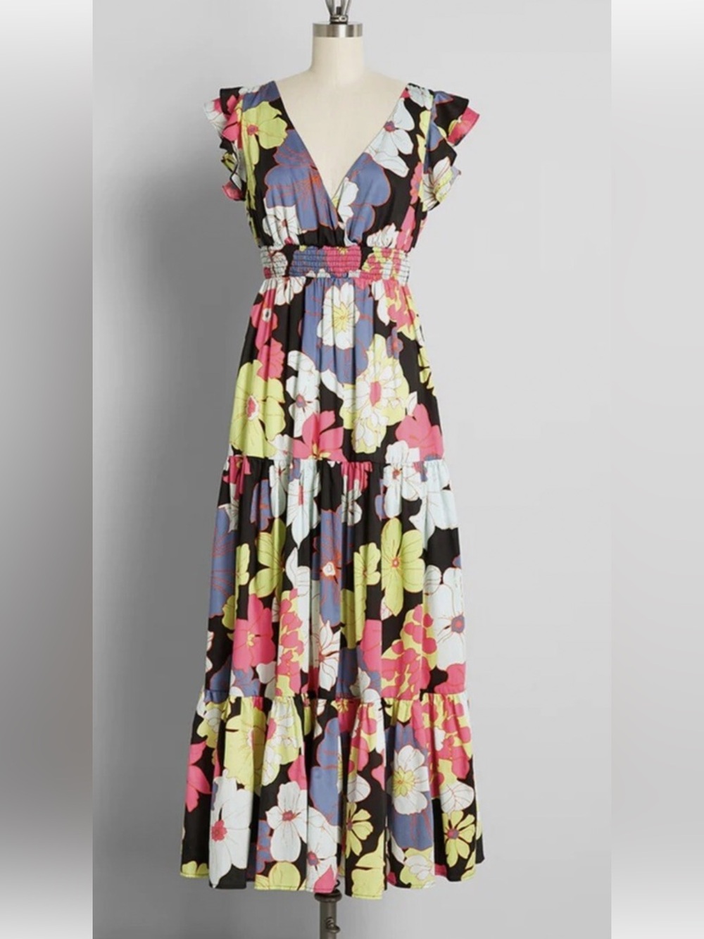 ModCloth Bright Floral Maxi Dress in Hot Pink, Black & Lime